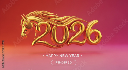 A golden horse elegantly forms the year 2026, accompanied by a festive happy new year greeting, creating a visually stunning and celebratory design. 