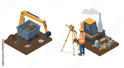 Construction site surveying with excavator, worker, and equipment in isometric design