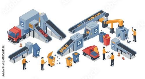 Isometric recycling plant with conveyor belts, sorting machines, and workers in action