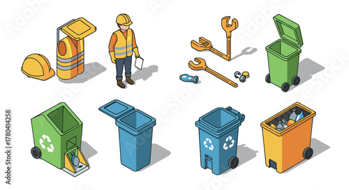 Isometric recycling objects and worker tools, bins, and safety gear