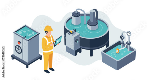 Industrial water treatment process in isometric design with engineer monitoring system