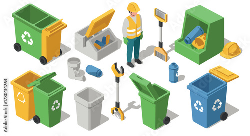 Isometric waste management illustration with recycling bins and maintenance worker