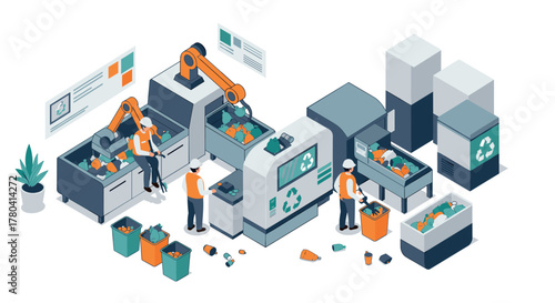 Isometric recycling facility with workers and robotic arms in action
