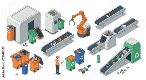 Automated recycling plant with conveyor belts and robotic arm in isometric view
