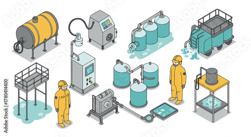 Isometric industrial process with workers and machinery in a factory setting