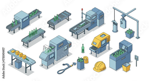 Isometric factory automation equipment with conveyors and machinery