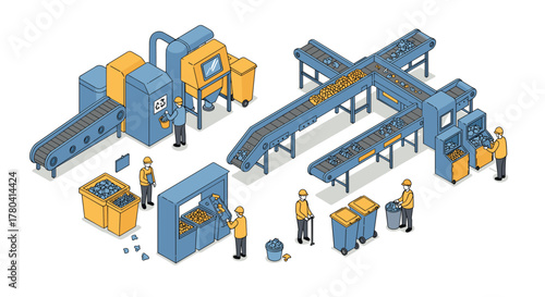 Isometric recycling and waste sorting facility with workers and conveyor belts