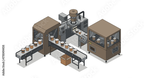 Isometric coffee packaging conveyor system in modern factory setting