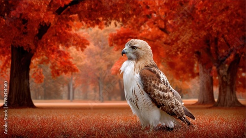 Majestic Red Tailed Hawk Standing Gracefully in Autumnal Forest Landscape Capturing Serene Nature Moment