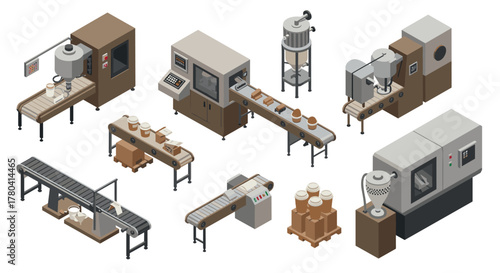 Isometric factory equipment set with industrial machines and conveyor belts