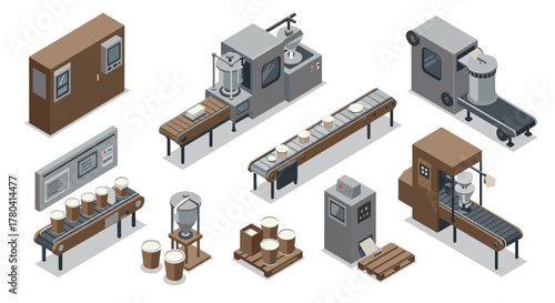 Isometric industrial machinery and conveyor belts for automated manufacturing