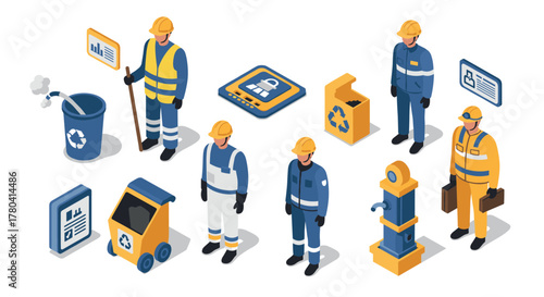 Recycling worker isometric icons and equipment for waste management
