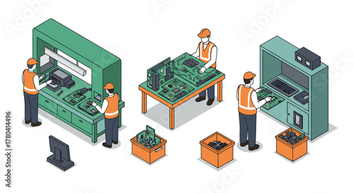 Workers assembling electronics in factory workshop with computer components