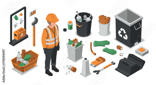 Isometric recycling worker and tools complete waste management set for ecofriendly initiatives