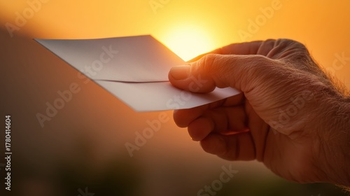 Hand offering letter envelope at golden sunset hour a symbol of communication trust and hope connection