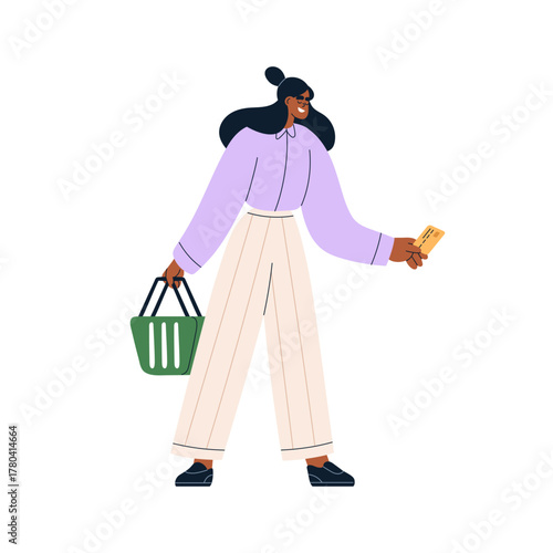 Woman shopping, holding grocery basket and bank credit card. Happy African female customer, buyer buying and paying, cashless payment in store. Flat vector illustration isolated on white background
