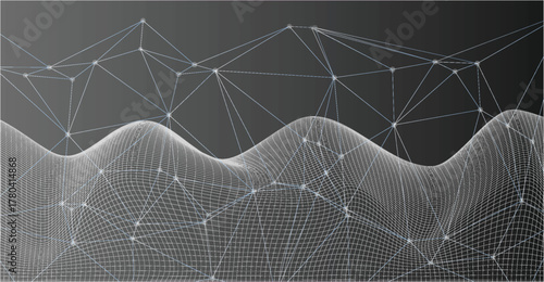 Abstract illustration featuring a wireframe landscape with connected dots and lines forming a network.