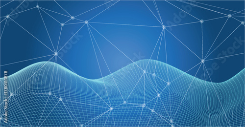 Abstract blue background with connected dots and lines forming a network over a wireframe wave.