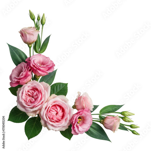 Elegant pink roses and eustoma flowers corner arrangement for sophisticated designs transparent background