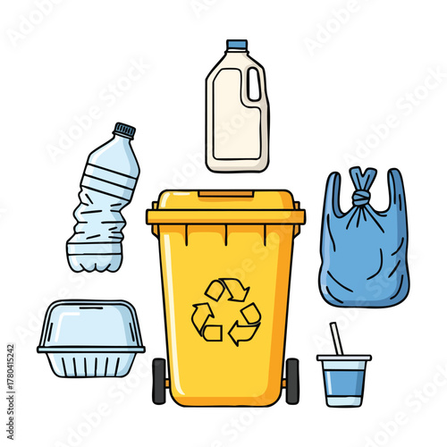 Recycling waste materials concept with a yellow trash bin and diverse containers