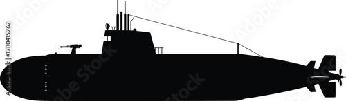 Submarine silhouette, military naval vessel, ocean warship, underwater fleet, defense ship, periscope design, deck gun, marine transport, flat vector illustration