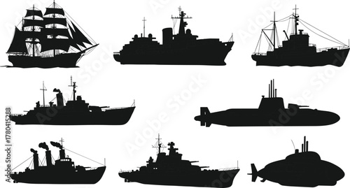 Naval vessel silhouettes, warships, submarines, sailing ships, destroyers, cruisers, cargo ships, frigates, maritime fleet, military navy icons, flat vector illustration
