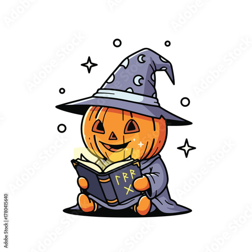 A whimsical cartoon pumpkin character wearing a witch hat reads a spellbook with a magical glow, set against a clean white background with a playful and mystical mood.