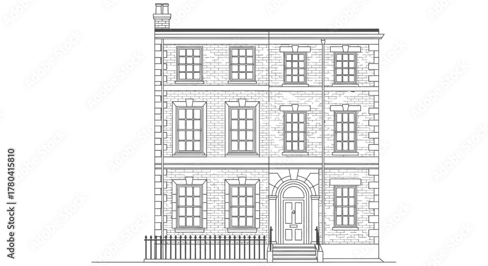 Fototapeta premium Classic Georgian Townhouse Facade Line Art Illustration