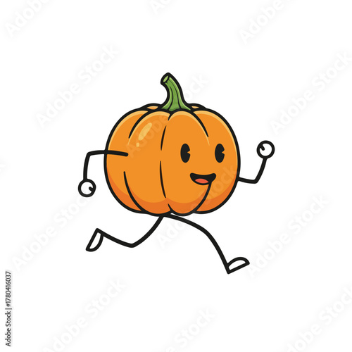 A cheerful cartoon pumpkin with a smiley face and stick arms and legs runs on a plain white background in a playful, flat illustration style with vibrant orange and green colors.