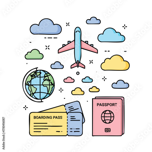 Travel Essentials Airplane, Passport, Boarding Pass, and Globe Icon Design