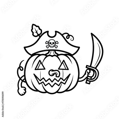 A flat outline cartoon vector illustration of a pirate pumpkin wearing a hat and holding a sword against a clean white background.
