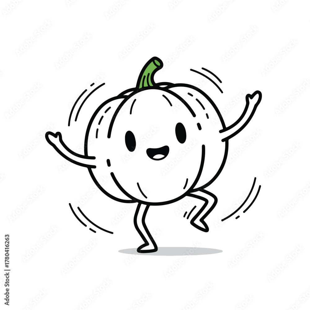Fototapeta premium Flat outline cartoon pumpkin vector character dancing with joyful motion lines on a white background.