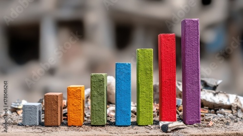 Colorful Wooden Blocks Representing a Growing Bar Chart on a Concrete Surface with Blurred Background