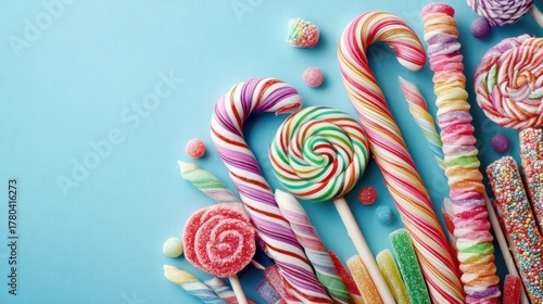 Vibrant assortment of candies in playful setting colorful lollipops candy canes with pastel backdrop top down view flat lay sweet treat