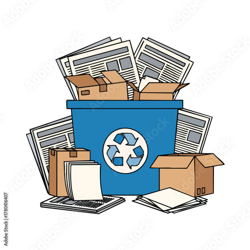 Recycling bin overflowing with paper and cardboard materials and concept