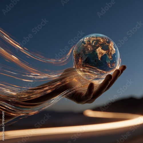 Digital Innovation Global Connection Conceptual Image Featuring a Human Hand Holding a World Globe with Light Streaks Technology
