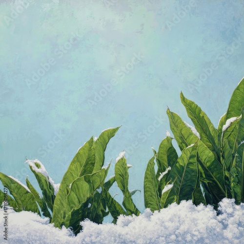 Vivid tropical green leaves adorned with fresh winter snow against a serene blue backdrop nature canvas
