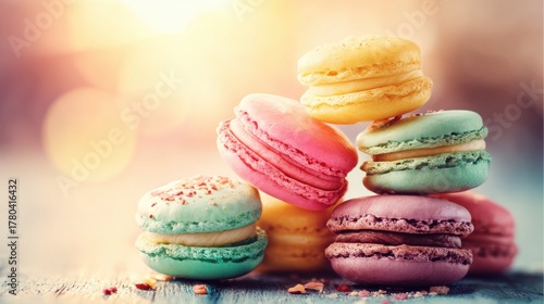 Colorful macarons stacked against dreamy light backdrop delightful confectionary photography
