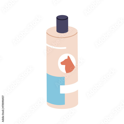 Dogs shampoo in bottle. Pet animal care and grooming product. Beauty and hygiene accessory for canine coat, fur, hair washing and cleaning. Flat vector illustration isolated on white background