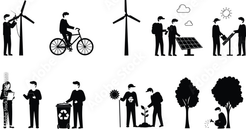 Eco activities silhouettes, renewable energy, wind turbine, solar panels, recycling waste, tree planting, cycling transport, environmental care, sustainable lifestyle, flat vector