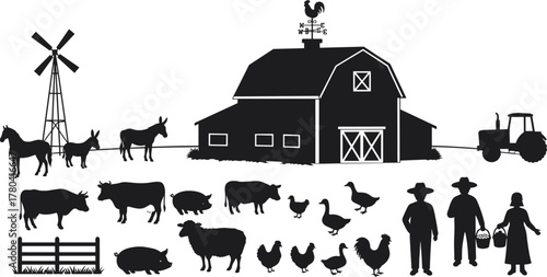 Farm life silhouette illustration, barn tractor animals rustic countryside scene, windmill rooster decor, black flat vector agricultural design collection
