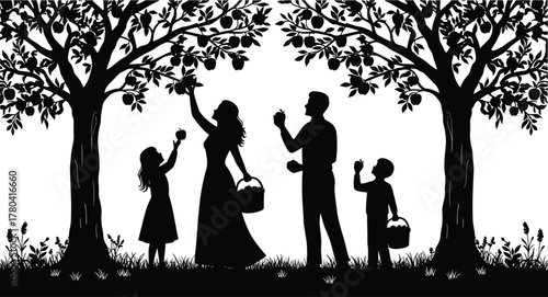 Family apple picking silhouettes, orchard harvest, outdoor activity, parents and children, fruit basket, nature care, seasonal farming, autumn lifestyle, flat vector