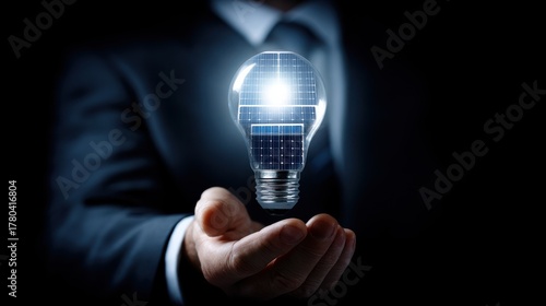 Conceptual idea of energy and sustainability depicted through a light bulb with solar panels held in hand
