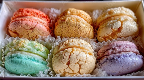 Assortment of Delicate and Colorful Macarons in a Charming Box Display with Bright and Vivid Colors