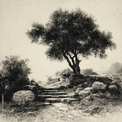 Etched Scenic Landscape Serene Steps and Tree Old Engraving Style Nature Scene Art Illustration