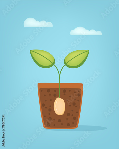 Flat vector illustration of a seed sprout growing in soil inside a pot with bright sky background. Green leaves and rich brown soil, symbolizing growth, agriculture. For eco-friendly, gardening.