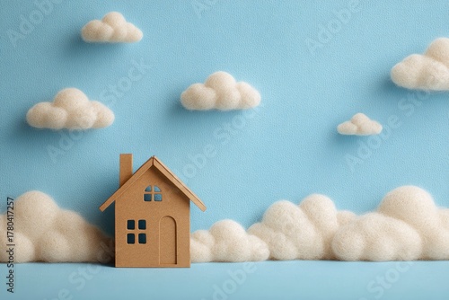 A serene and minimalist conceptual image featuring a charming miniature wooden house model positioned against a textured light blue background. Soft, fluffy beige clouds are artfully arranged around t
