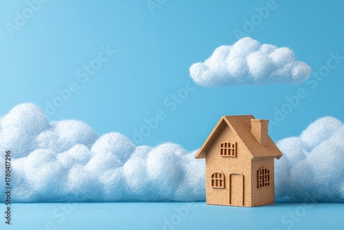 A whimsical miniature house crafted from textured material sits peacefully on a serene light blue surface, surrounded by soft, fluffy white clouds. One larger cloud floats gently above, suggesting a d