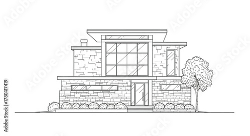 Black and White Line Art Drawing of a Modern or Contemporary Stone House with Large Windows