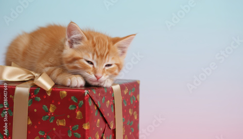Sleepy kitten pet on christmas gift, cozy feline resting on wrapped present